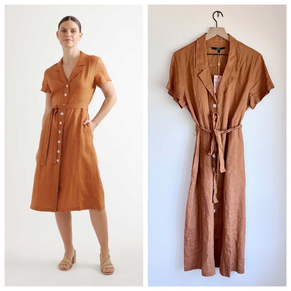 NWT Quince 100% European Linen Button Front Midi Dress in Terracotta Size Large